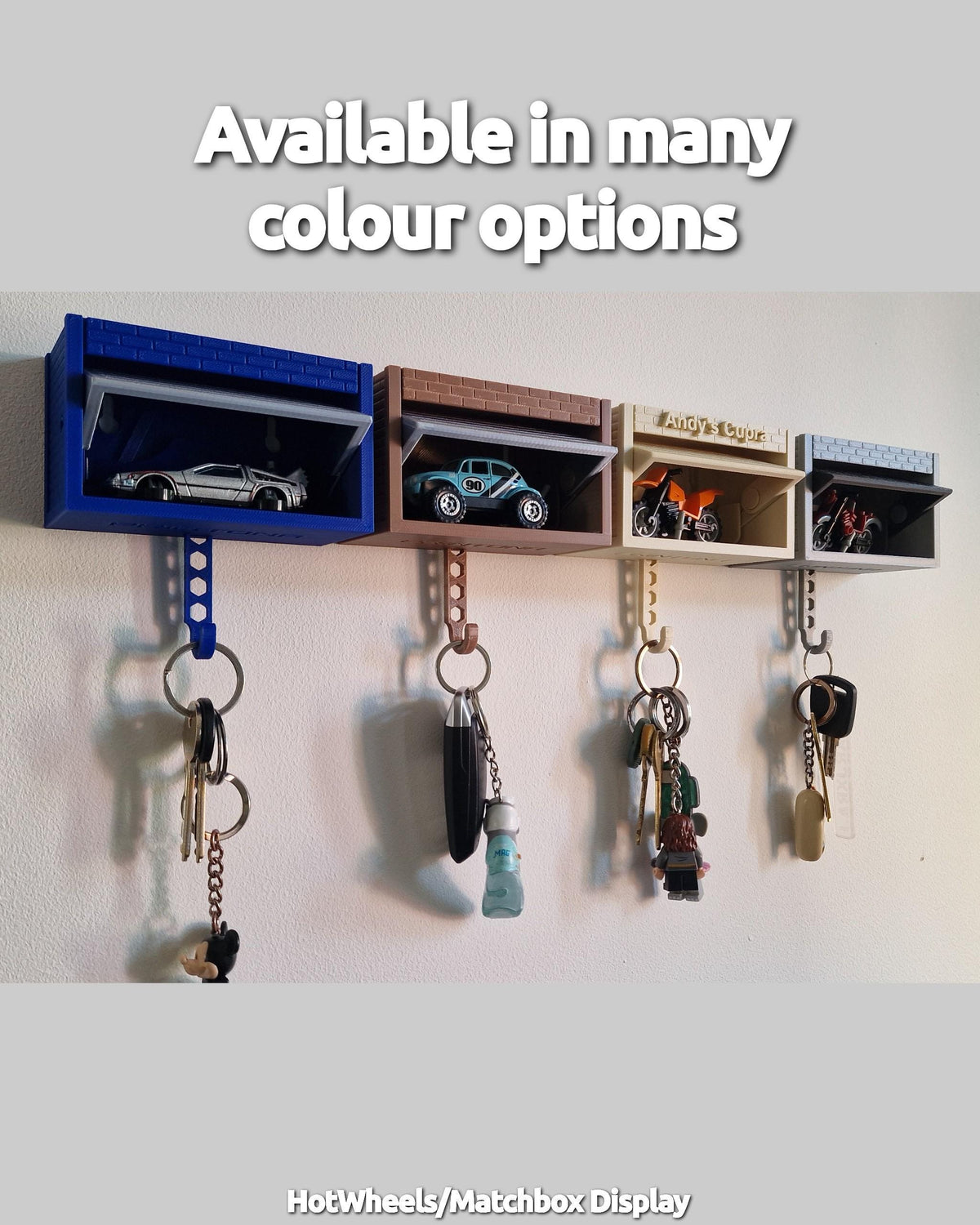 Diecast car garage key holder in use
