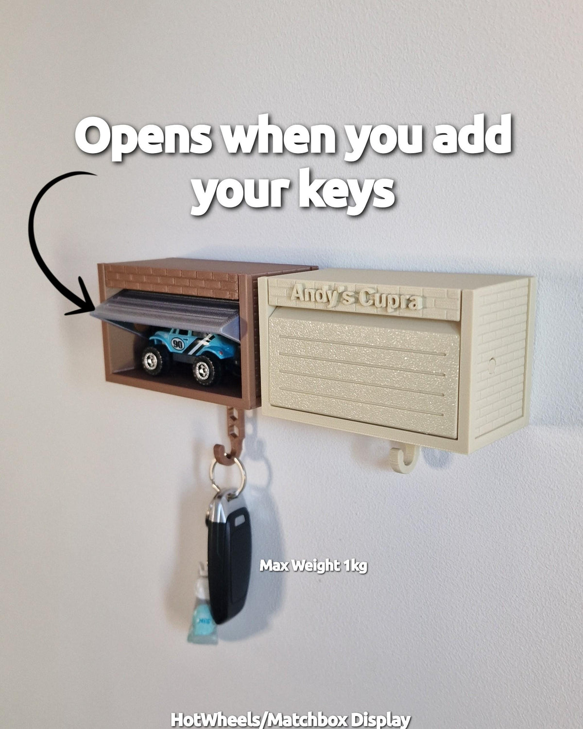 Diecast car garage key holder with keys hanging