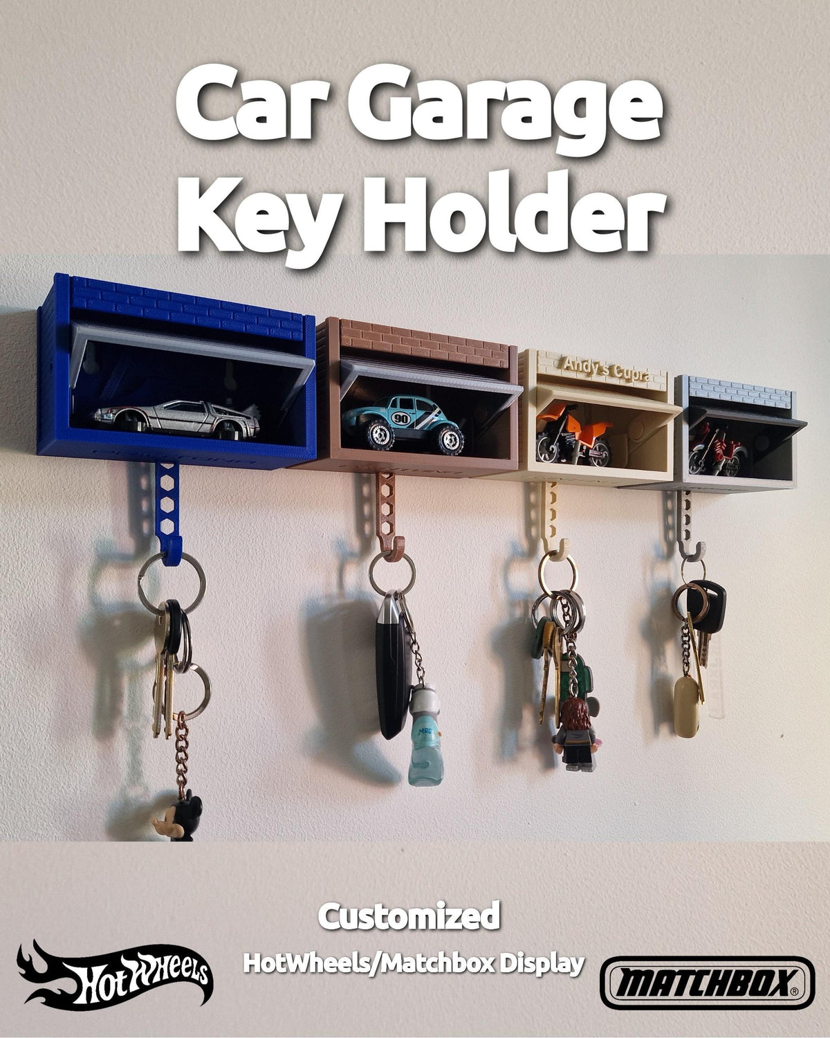 Diecast car garage key holder with opening door
