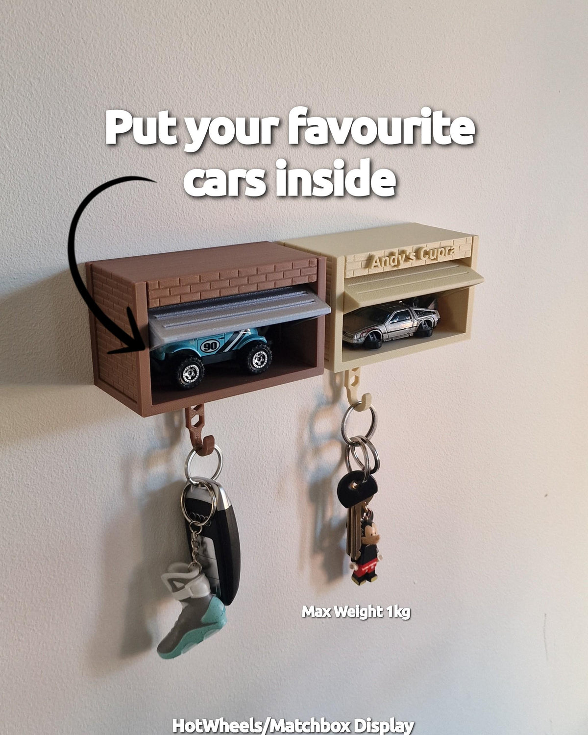 Diecast car garage key holder - side view