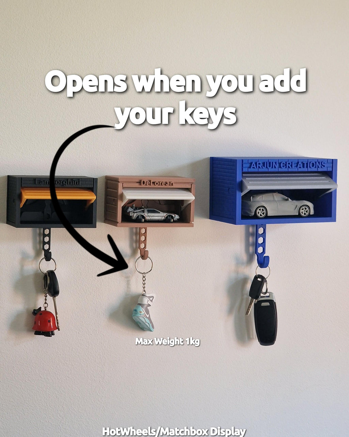 Customizable Key Holder, Diecast Car Wooden Panel Design Garage with Opening Door - 3D Printed