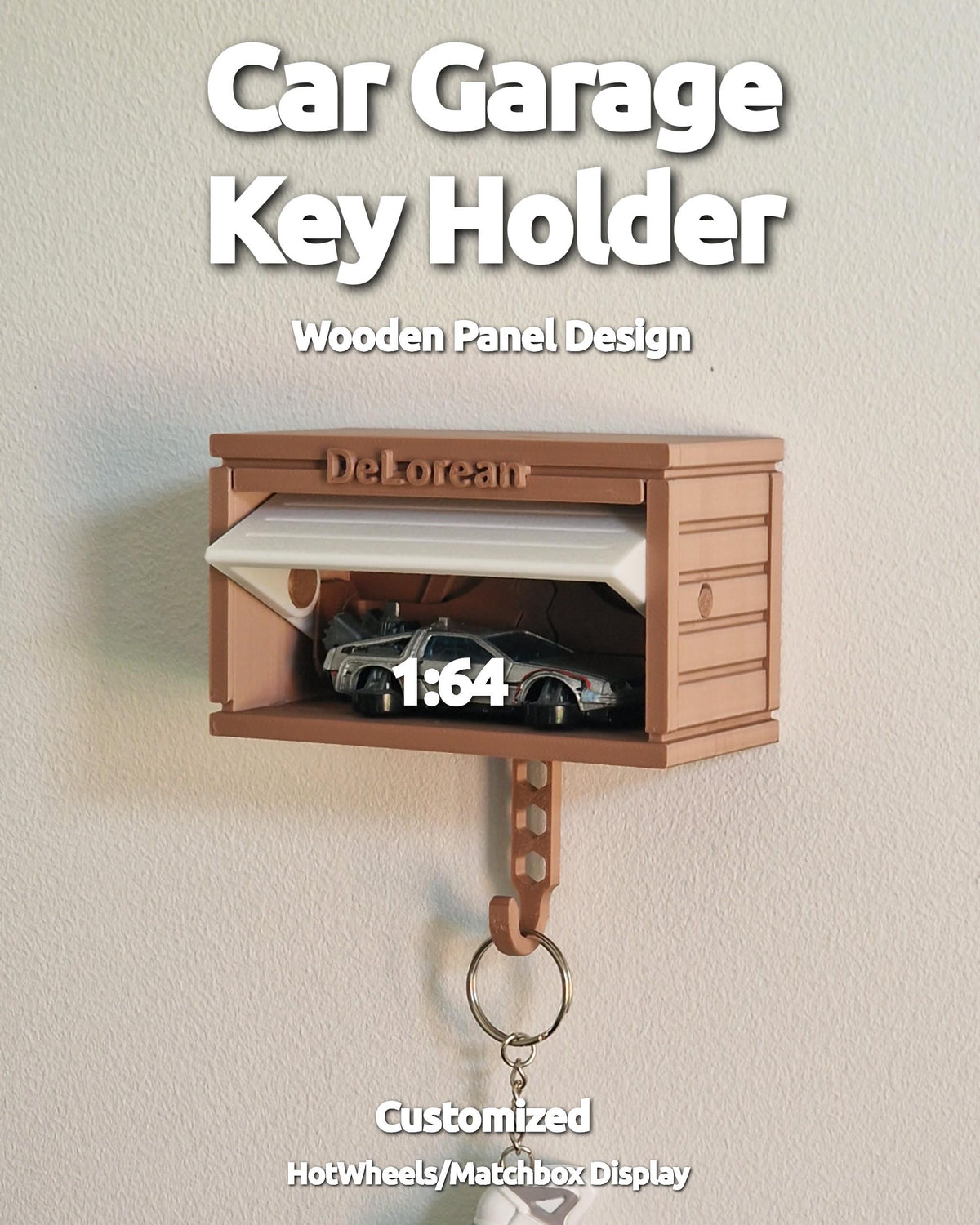 Customizable Key Holder, Diecast Car Wooden Panel Design Garage with Opening Door - 3D Printed