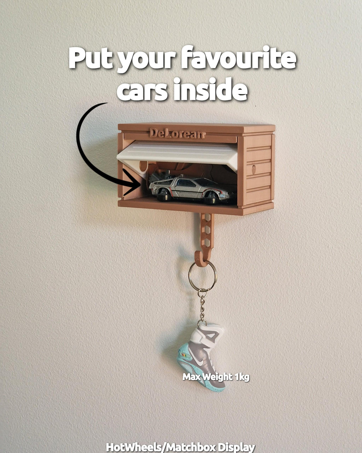 Customizable Key Holder, Diecast Car Wooden Panel Design Garage with Opening Door - 3D Printed