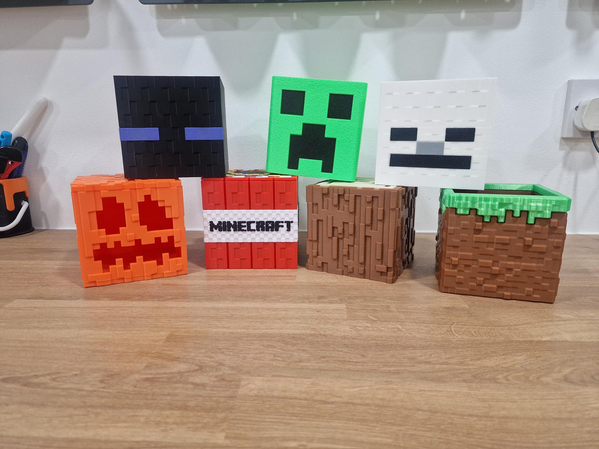 Pixel Block Popcorn Buckets - Inspired by Minecraft - 3D Printed Storage Boxes | TNT, Creeper, Enderman, Skeleton Head | Gaming Room Decor